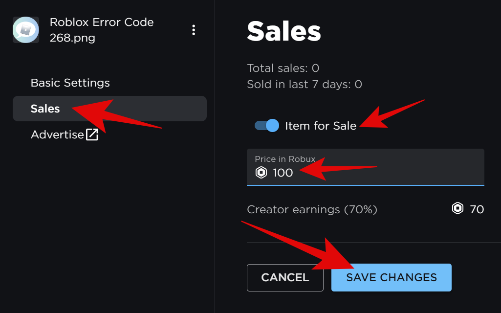 Choose Sales from the sidebar and toggle on item for sale. Set the price and then choose Save Changes