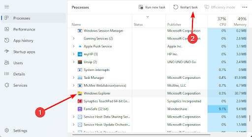 Restart Windows Explorer to fix Windows Key Not Working