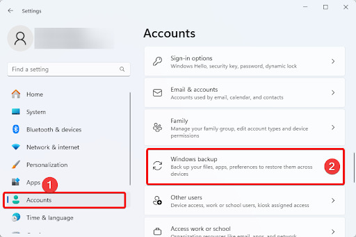 Click on Account on the right pane, then on the left pane, click Windows backup