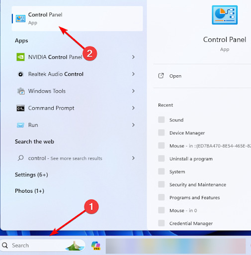 Click the Taskbar’s magnifying lens, type control and click the Control Panel option