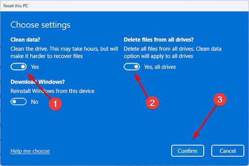 Toggle on the options for Clean data and Delete files from all drives