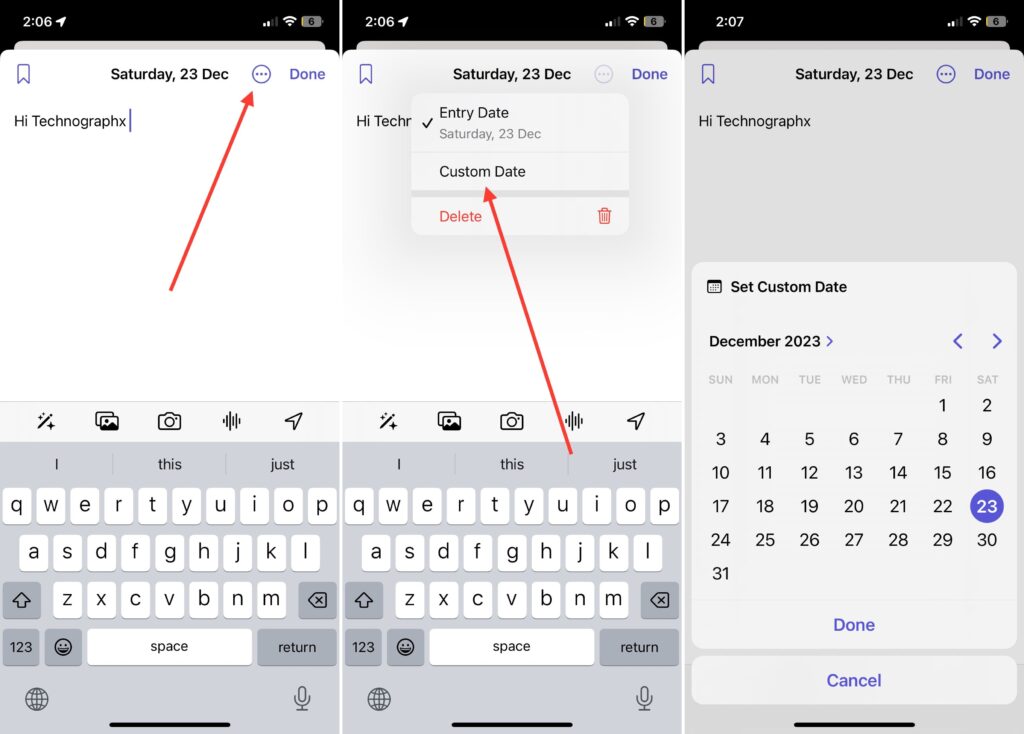Set Custom Date for Journal Entries on iPhone