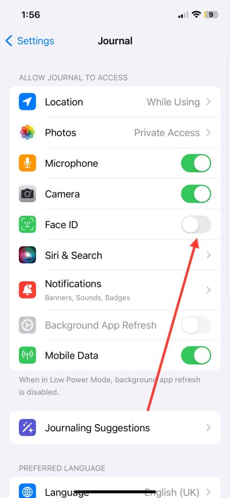 toggle on the switch for Face ID in the same Journal settings