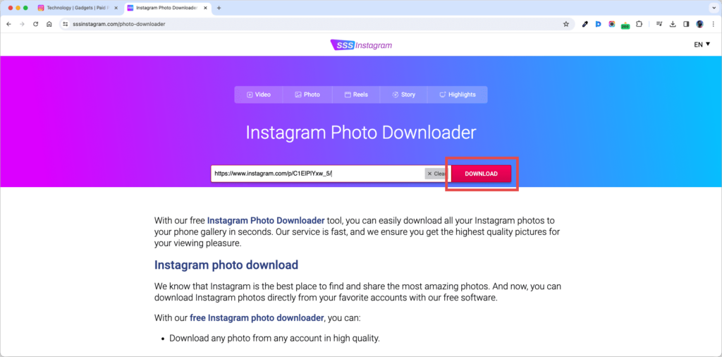 Click Download after pasting Instagram URL