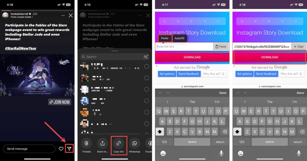 Copying Instagram Story link and pasting it in SSSInstagram Story Download
